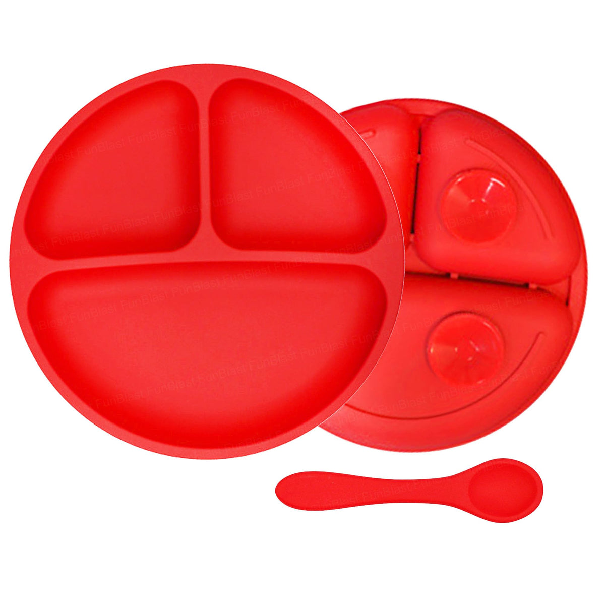 FunBlast Silicone Suction Plate with Compartments & Spoon  BPAFree Baby Feeding Set, Strong Suction, NonSlip Toddler Plate fo