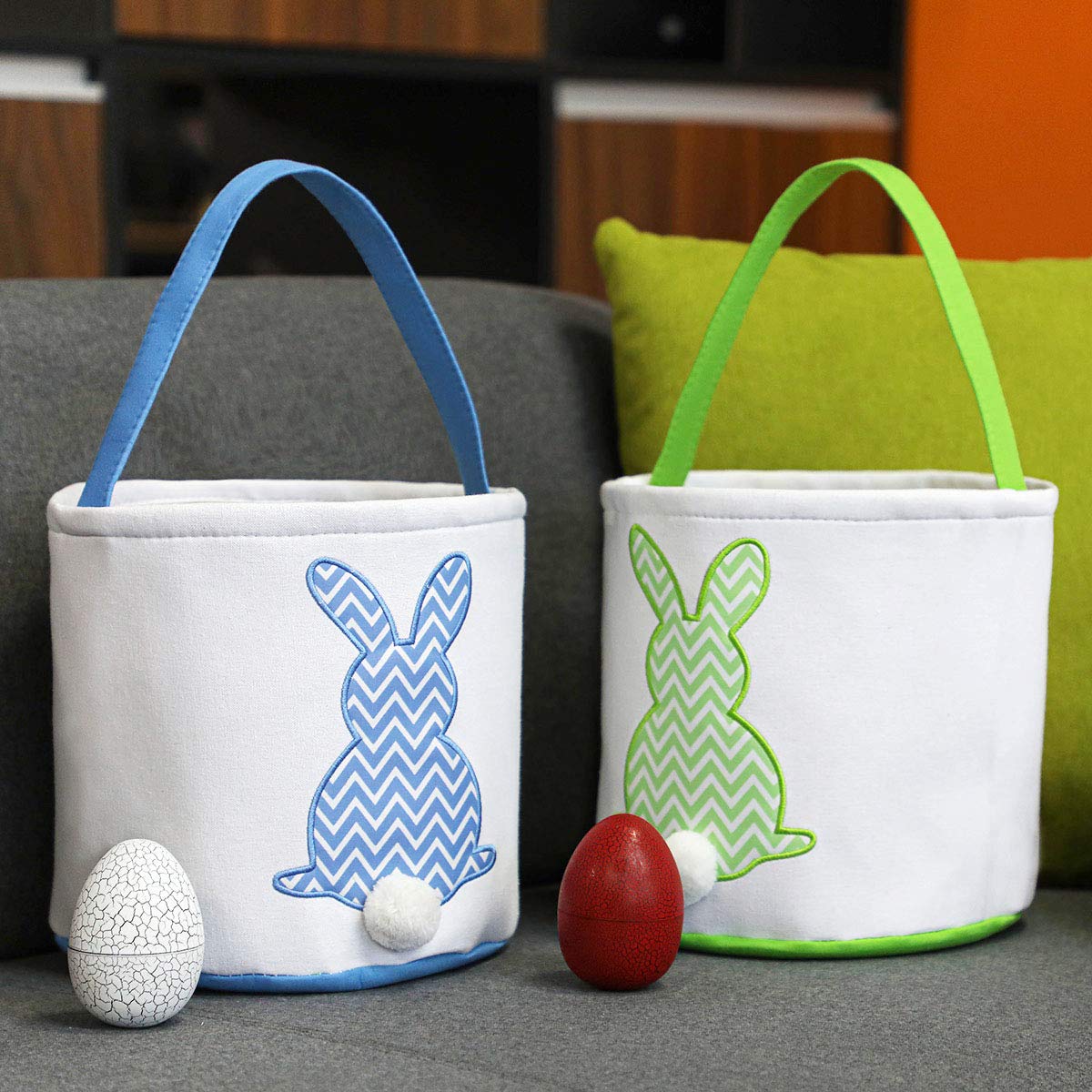 Monoblanks Easter Bunny Basket Bags, Rabbit Bucket Tote For Easter Egg Hunts Decorations Candy Gifts Storage (Blue(Wave))