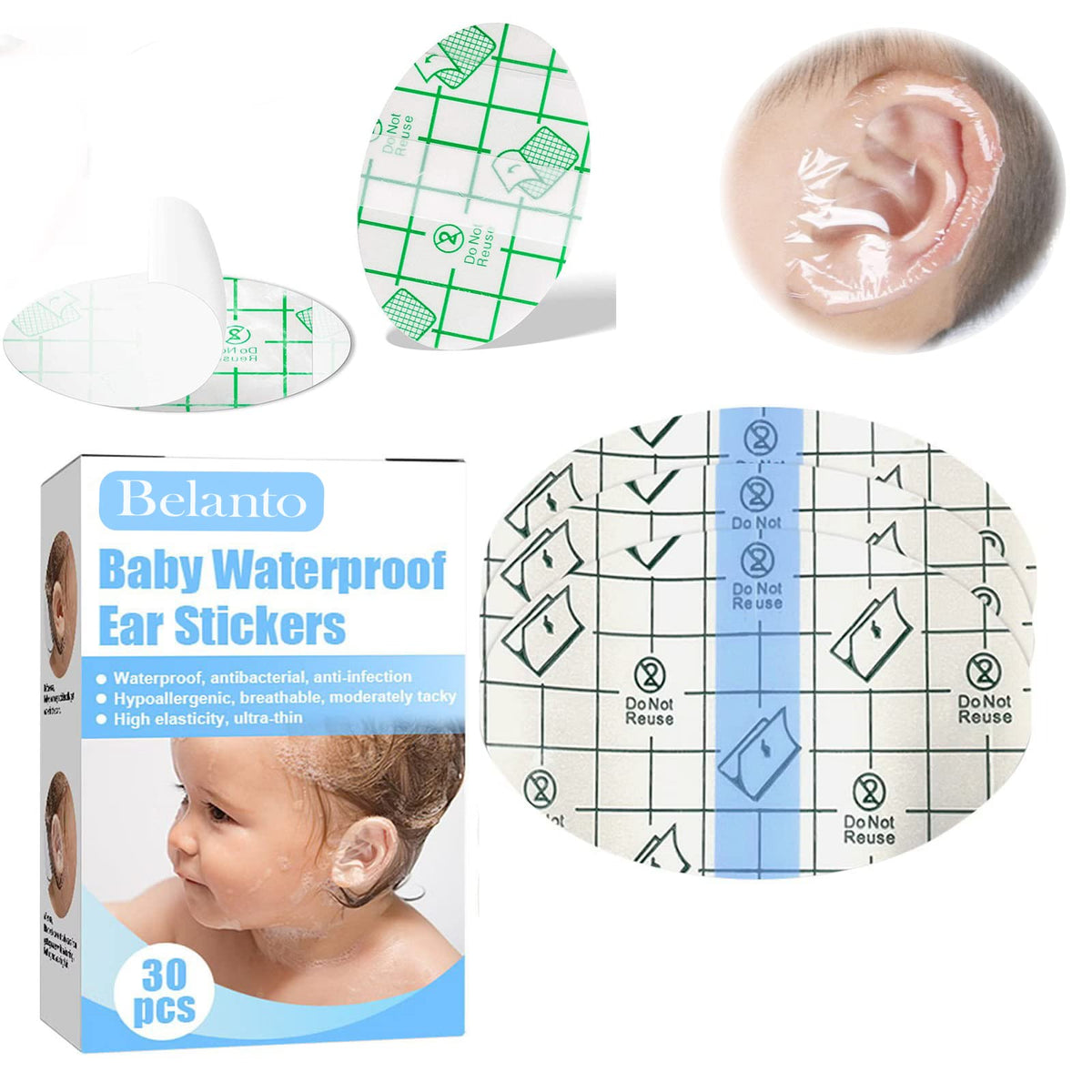 Belanto Baby Waterproof Ear Protector For Bathing 30Pcs, SelfAdhesive Ear Cover Sticker For Kids, Newborn Baby Ear Protection F