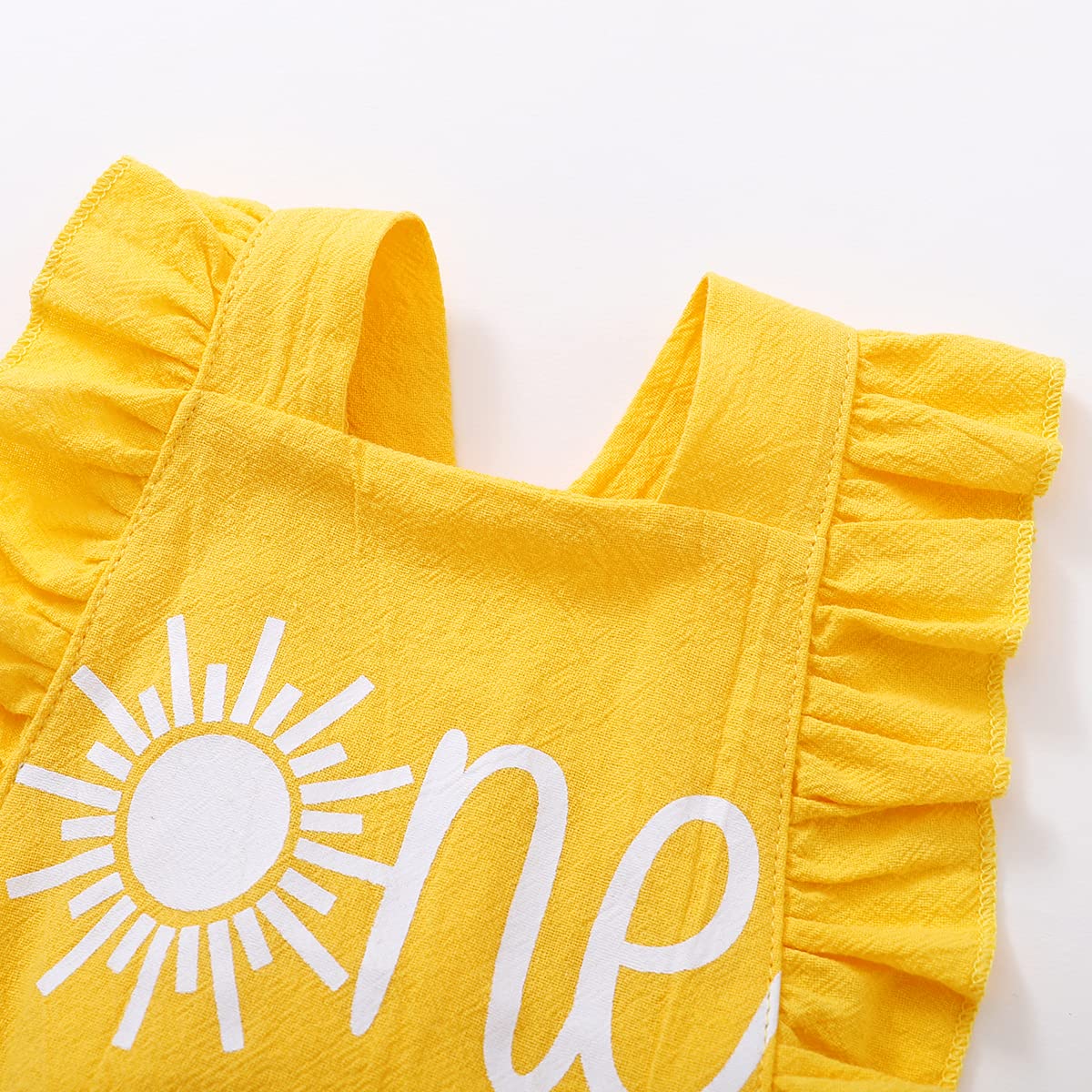 Shalofer Baby Girls One Year Old Outfits First Birthday Romper Cute Backless Ruffles Jumpsuit With Headband (Yellow-Sun,18-24 Mo