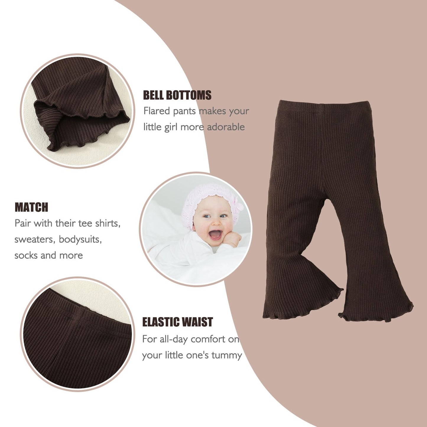 Sobowo Toddler Baby Girl Flare Pants 3 Pack Solid Ribbed Ruffle Bell Bottoms Pants Fall Outfits(Coffee/Rose/Gray, 9-12 Months)