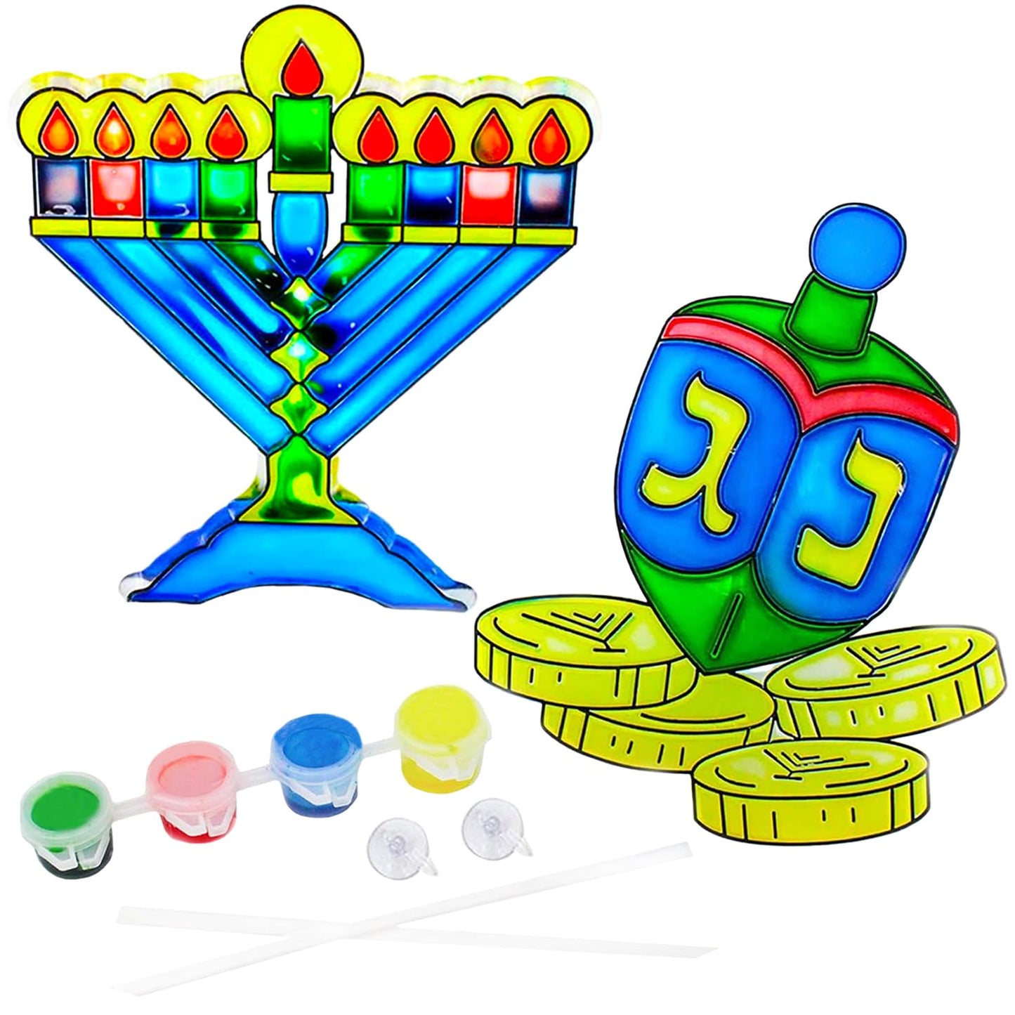 The Dreidel Company Hanukkah Sun Catcher - Stained Glass Look - Paint Your On Menorah And Dreidel - Fun And Educational (3-Pack)