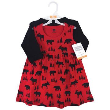 Hudson Baby Girls' Cotton Dress And Cardigan Set, Red Moose Bear, 18-24 Months