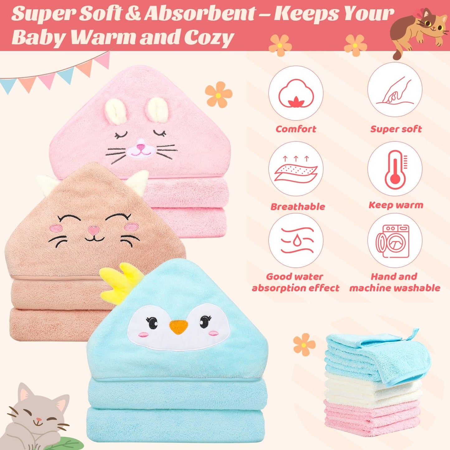 12 Pcs Hooded Baby Towels, Soft Baby Towels, Absorbent Baby Bath Towels, 3 Pcs Baby Towels, And 9 Pcs Baby Washcloths For Newbor