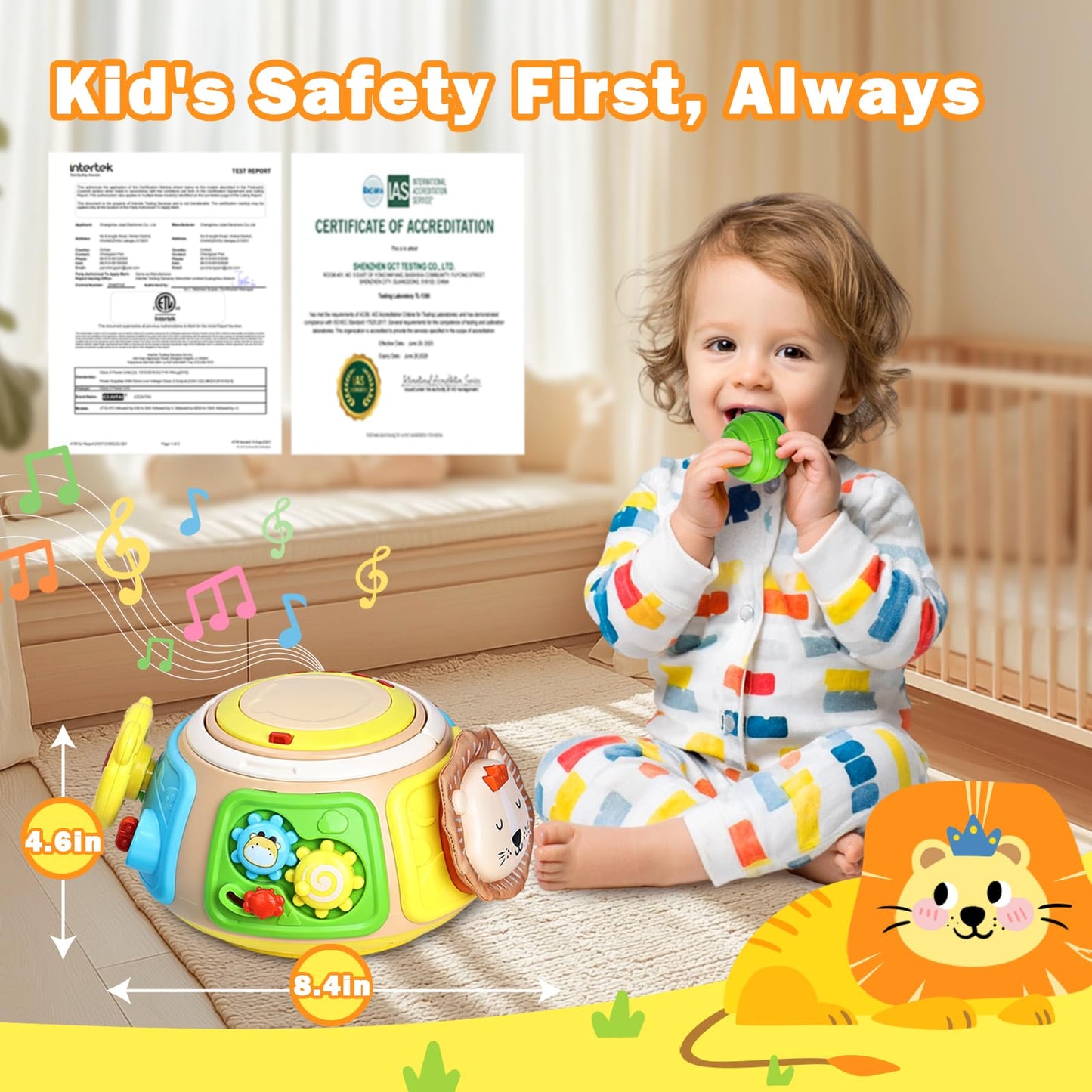 7-in-1 Activity Cube Drum Montessori Toys for Baby, Busy Toys for Toddlers with 9 Sensory Shape Blocks, Music & Light Educationa