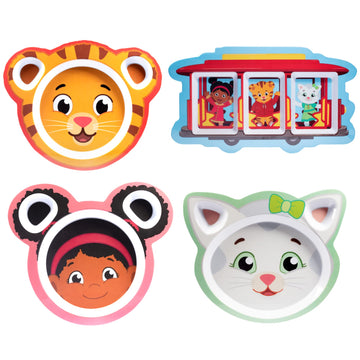 4 Daniel Tiger Mealtime Feeding Plates -Cute Dishes For Kids W/ Daniel Tiger, Trolley, Katerina Kitty Cat & Elaina - Divided Com
