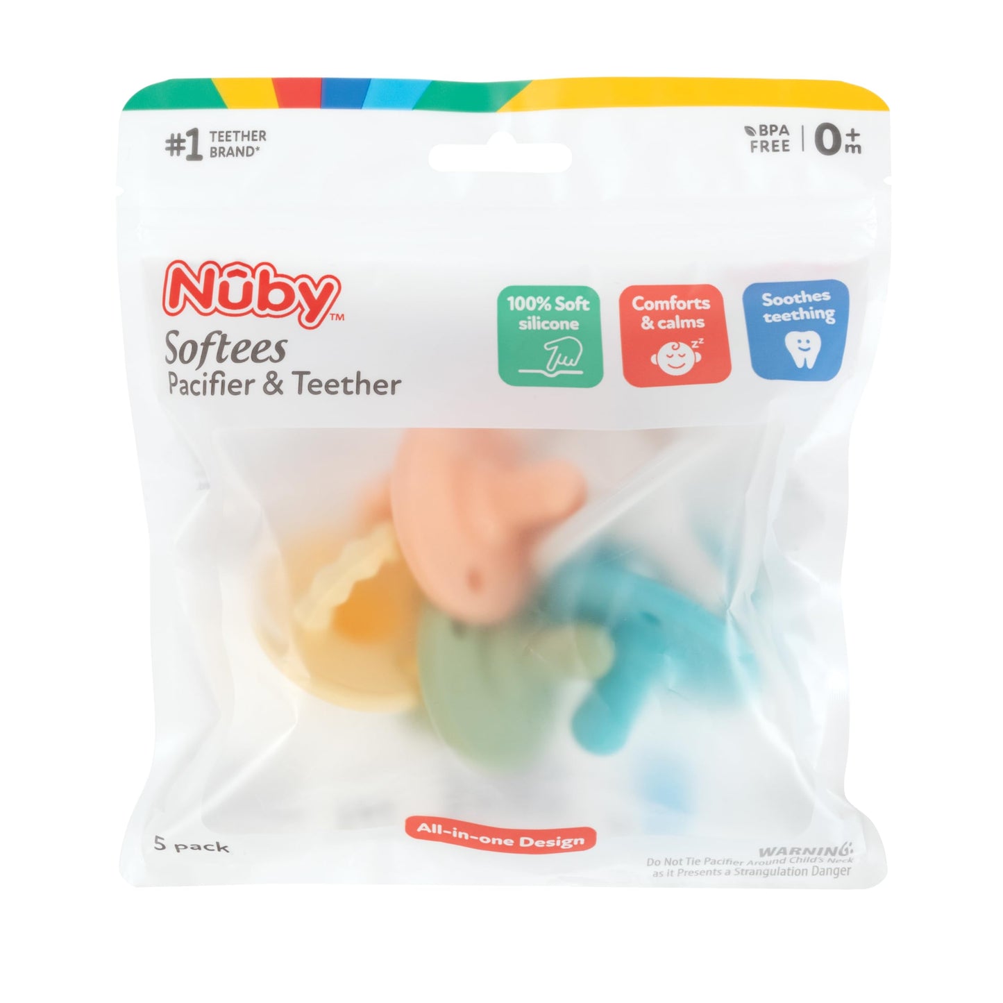 Nuby Silicone Softees Pacifier And Teethers - (5-Pack) Silicone Baby Pacifiers And Teethers - 0+ Months - Assorted Neutral Color