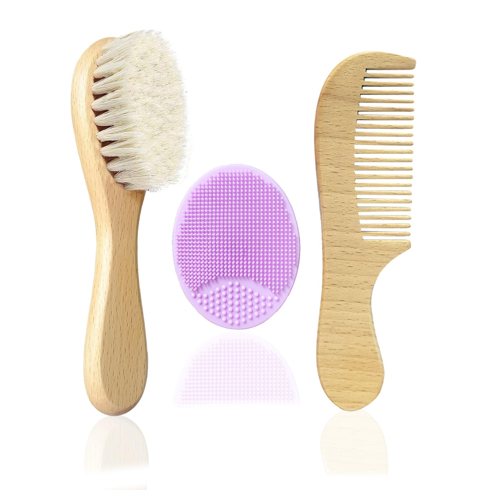 Molylove Baby Hair Brush With Wooden Handle And Comb Set For Newborns & Toddlers | Natural Soft Goat Bristles L Wood Comb L Purp