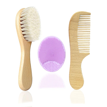 Molylove Baby Hair Brush With Wooden Handle And Comb Set For Newborns & Toddlers | Natural Soft Goat Bristles L Wood Comb L Purp