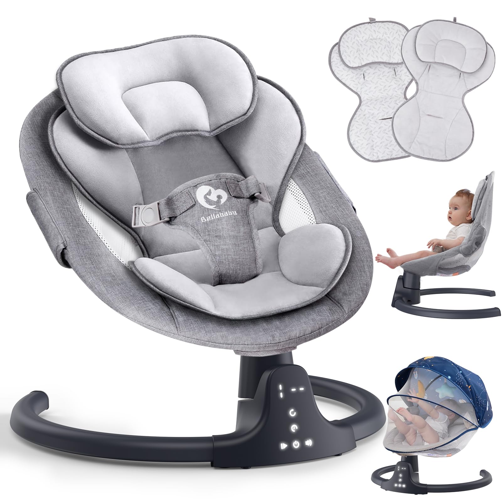 Bluetooth Baby Swing for Infants, Compact & Portable Baby Swing, 3 Seat Positions, 5 Swing Speed, 10 Music, Remote Control, USB 