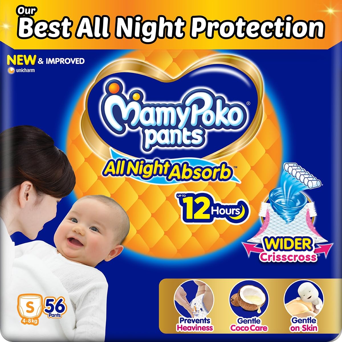 Mamypoko Pants All Night Absorb| Pant Style Baby Diapers Small Size(S), 56 Count, Ideal For 48Kgs|1 Diaper= Upto All Night Abso
