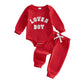 Douhoow Baby Boys Valentines Day Outfit Sets Long Sleeve Crew Neck Letter Embroidery Romper Drawstring Pants Sets (Red, 0-3 Mon