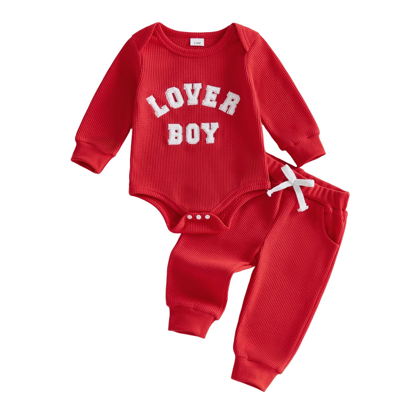 Douhoow Baby Boys Valentines Day Outfit Sets Long Sleeve Crew Neck Letter Embroidery Romper Drawstring Pants Sets (Red, 0-3 Mon