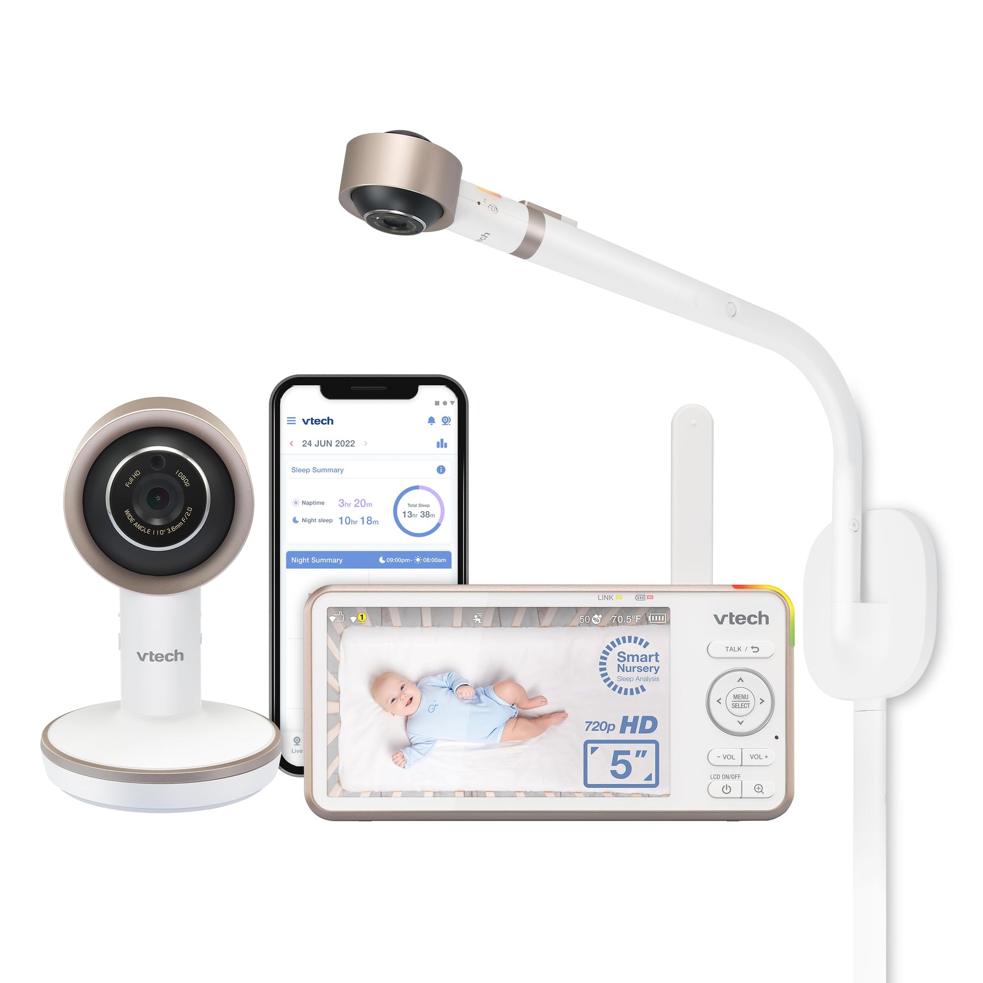 Vtech V-Care Vc2105 1080P Fhd Over-The Crib Mount Smart Baby Monitor 5    720P Lcd Screen,Table Stand,Remote Access,Versatile Pl