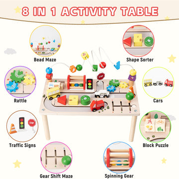 KDSFT Activity Table for 1 Year Old, 8 in 1 Multi-Colorful Montessori Toys, Baby Activity Table with Bead Maze & Shape Sorter, T