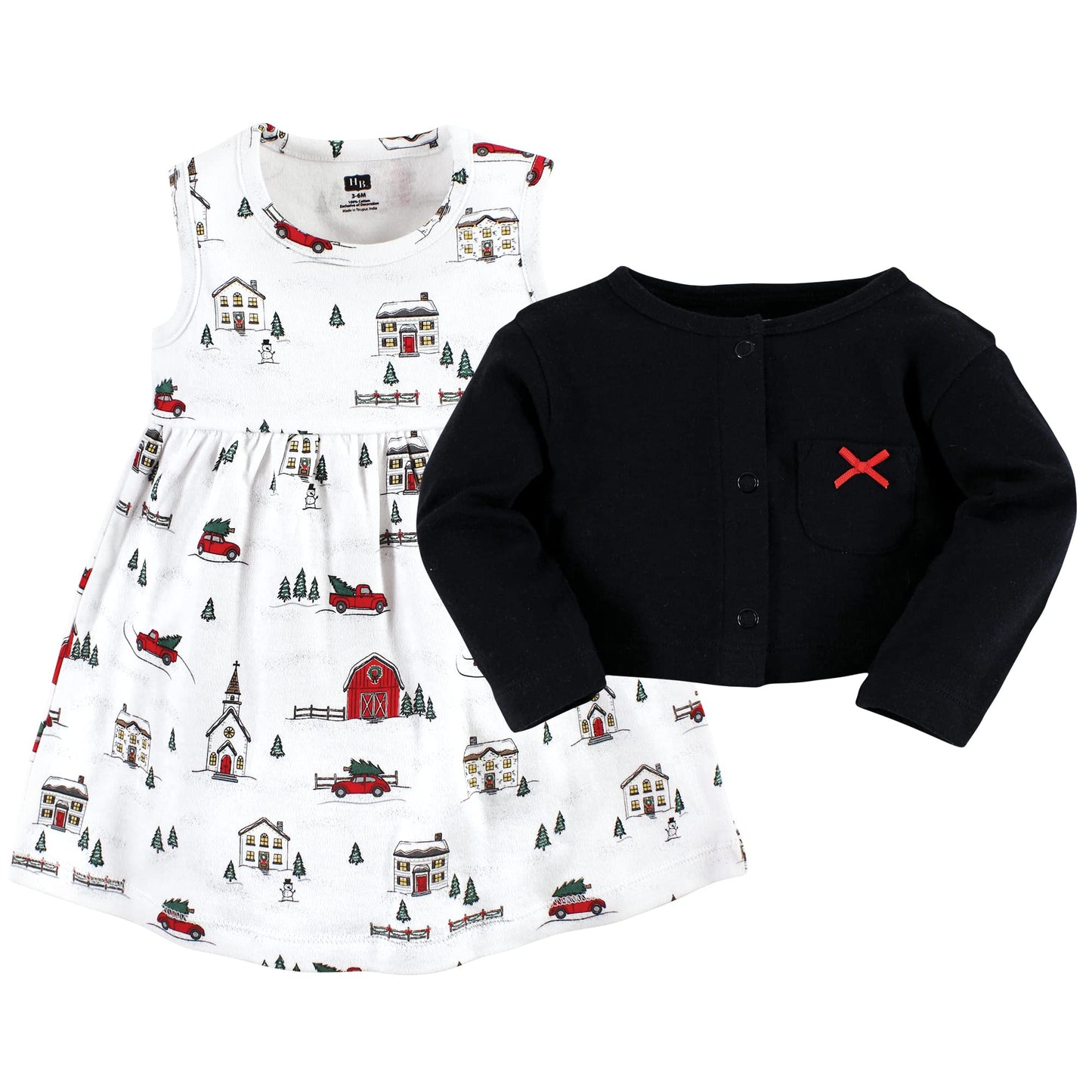 Hudson Baby Baby Girls' Cotton Dress And Cardigan Set, Christmas Scene, 9-12 Months