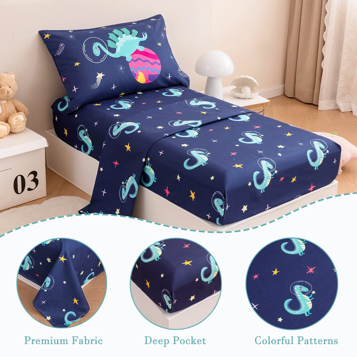 Perfemet Toddler Bedding Set 4 Pieces Cartoon Dinosaur Planet Printed Bed In A Bag For Boys Girls Reversible Navy Blue Toddler C