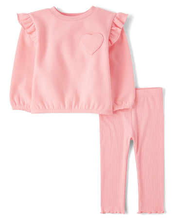 The Children'S Place,Baby Girls,And Toddler Long Sleeve Active Shirt And Pant, 2 Piece Outfit,Fuzzy Pink Heart,5 Years