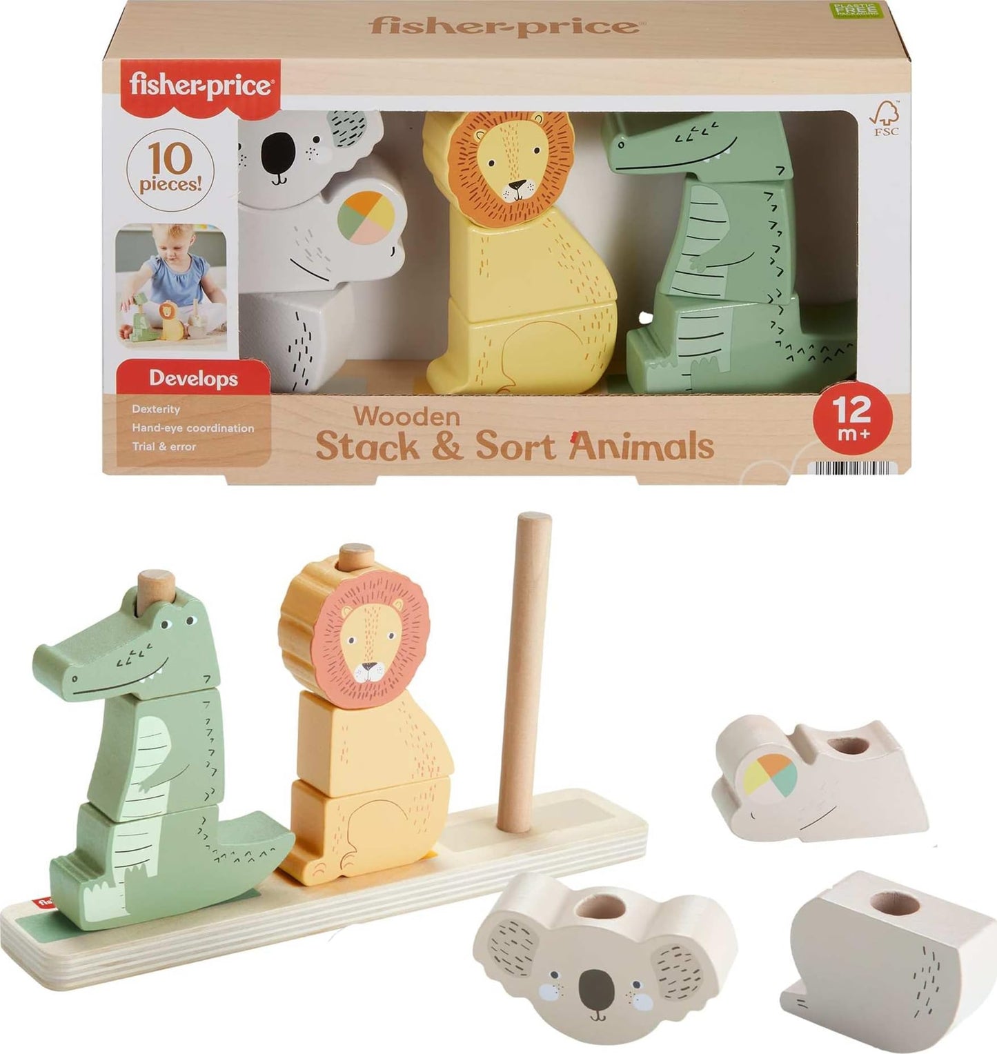 Fisher-Price Baby & Toddler Toy Wooden Stack & Sort Animals, 10 Wood Pieces for Developmental Play Ages 1+ Years