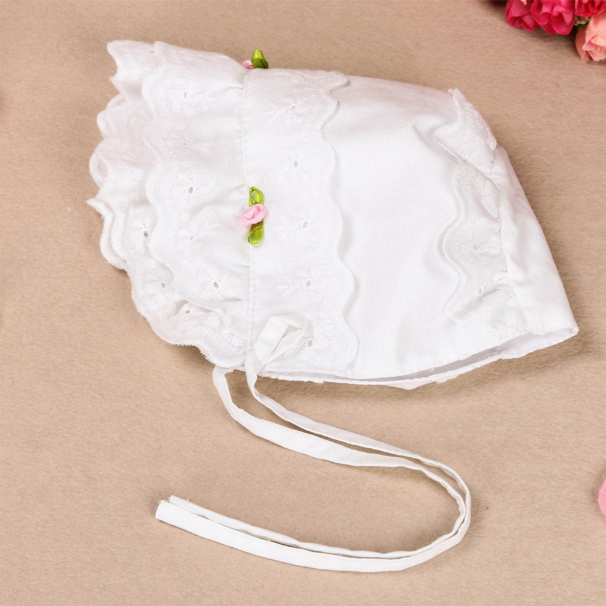 Slowera Cap Baby Girls 100% Cotton Double Brimmed Eyelet Lace Bonnet With Flowers (3-6 Months, White)
