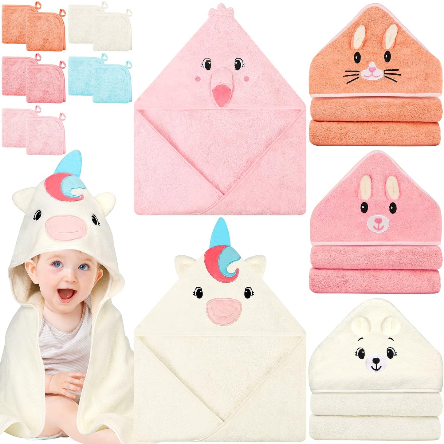 15 Pcs Baby Hooded Baby Towel, Hooded Baby Bath, 5 x Cute Baby Towels and 10 x Baby WashCloth Sets- Perfect Shower Gift for Boys