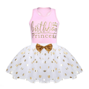 Lysmuch Toddler Kids Baby Girl'S Birthday Outfits Princess Vest Sleeveless Shirt Mesh Tutu Skirt Set (Pink Birthday Princess, 3-