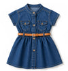 Bold N Elegant GirlS Short Sleeve Front Open Stylish Cute Cotton Denim Dress Frock Tunic With Pu Leather Belt And Pockets For In