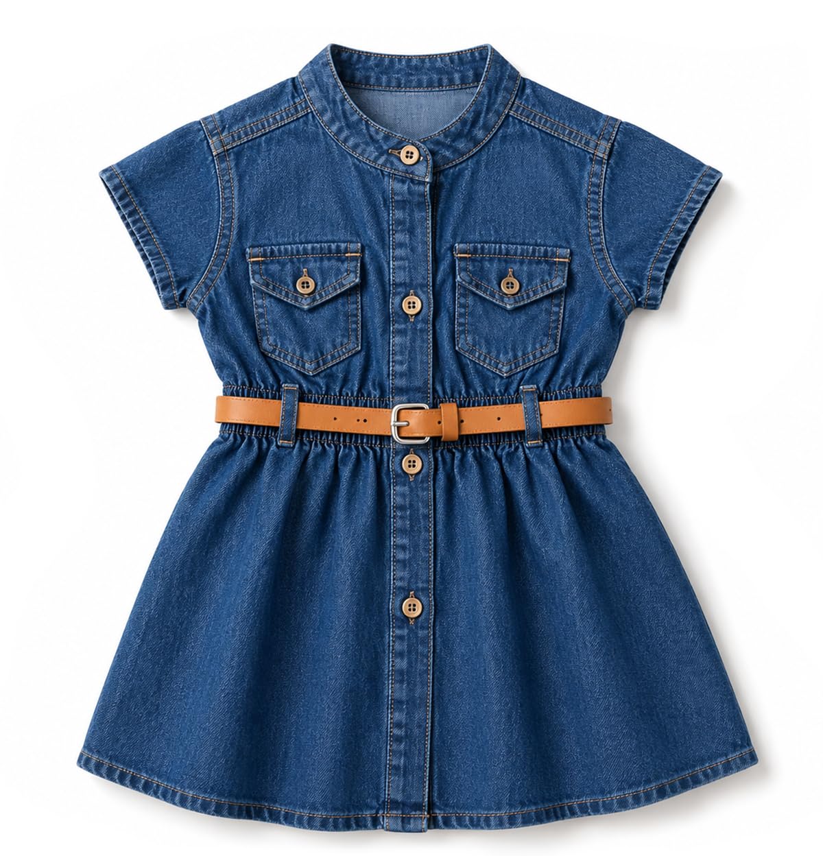 Bold N Elegant GirlS Short Sleeve Front Open Stylish Cute Cotton Denim Dress Frock Tunic With Pu Leather Belt And Pockets For In