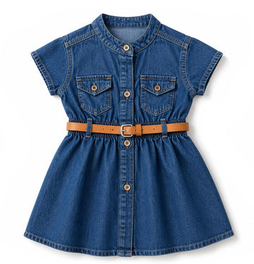 Bold N Elegant GirlS Short Sleeve Front Open Stylish Cute Cotton Denim Dress Frock Tunic With Pu Leather Belt And Pockets For In