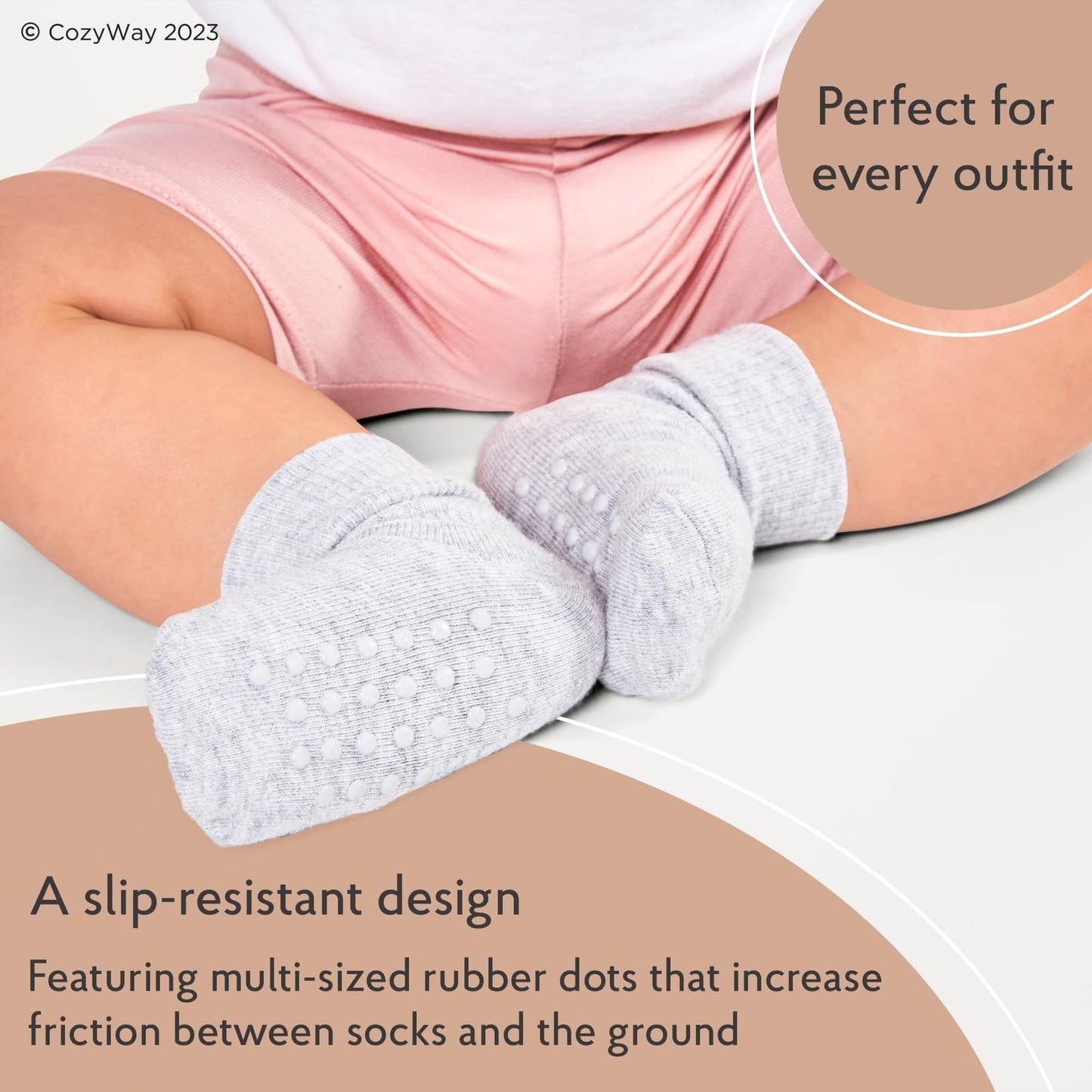 Cozyway Baby Socks With Grippers Non Slip Ankle Grip Socks For Boys And Girls Babies Comfy Soft Cotton Infant - 6-12 Months Unis