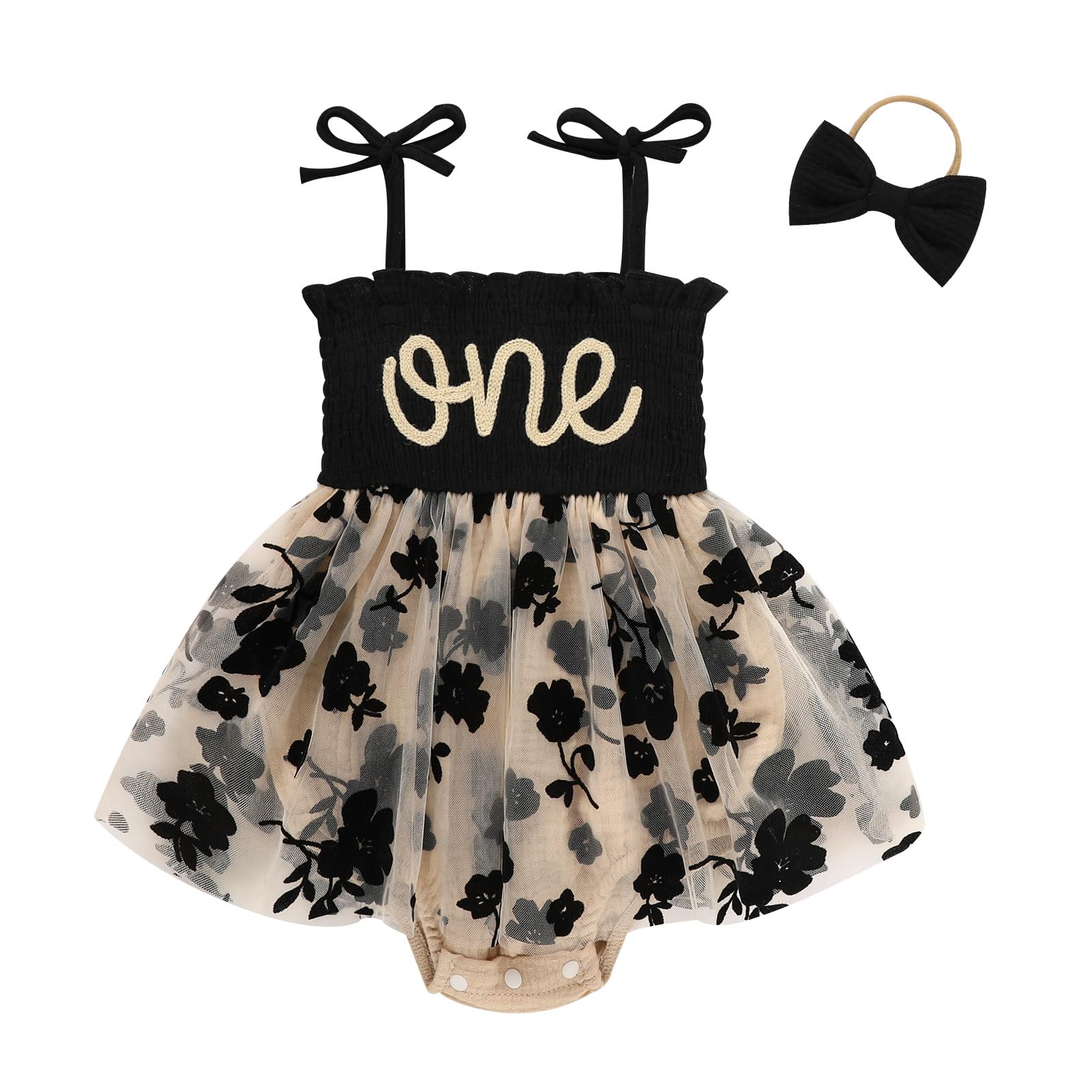 Titkkop Baby Girl 1St Birthday Clothes One Year Old Tulle Romper Sleeveless Bodysuit Cake Smash Outfits(Apricot & Black,9-12M)