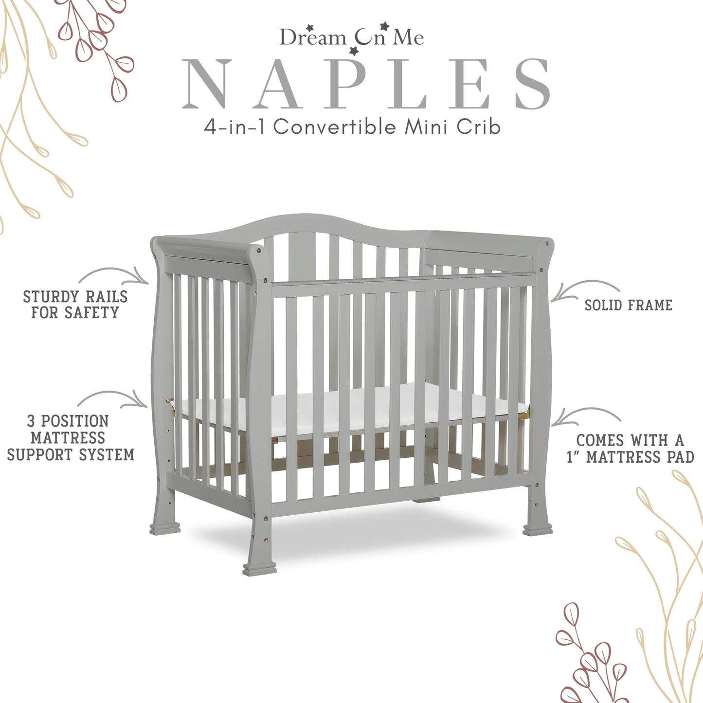 Dream On Me Addison 4-In-1 Convertible Mini Crib In Cool Grey, Greenguard Gold Certified, Non-Toxic Finishes, Built Of New Zeala