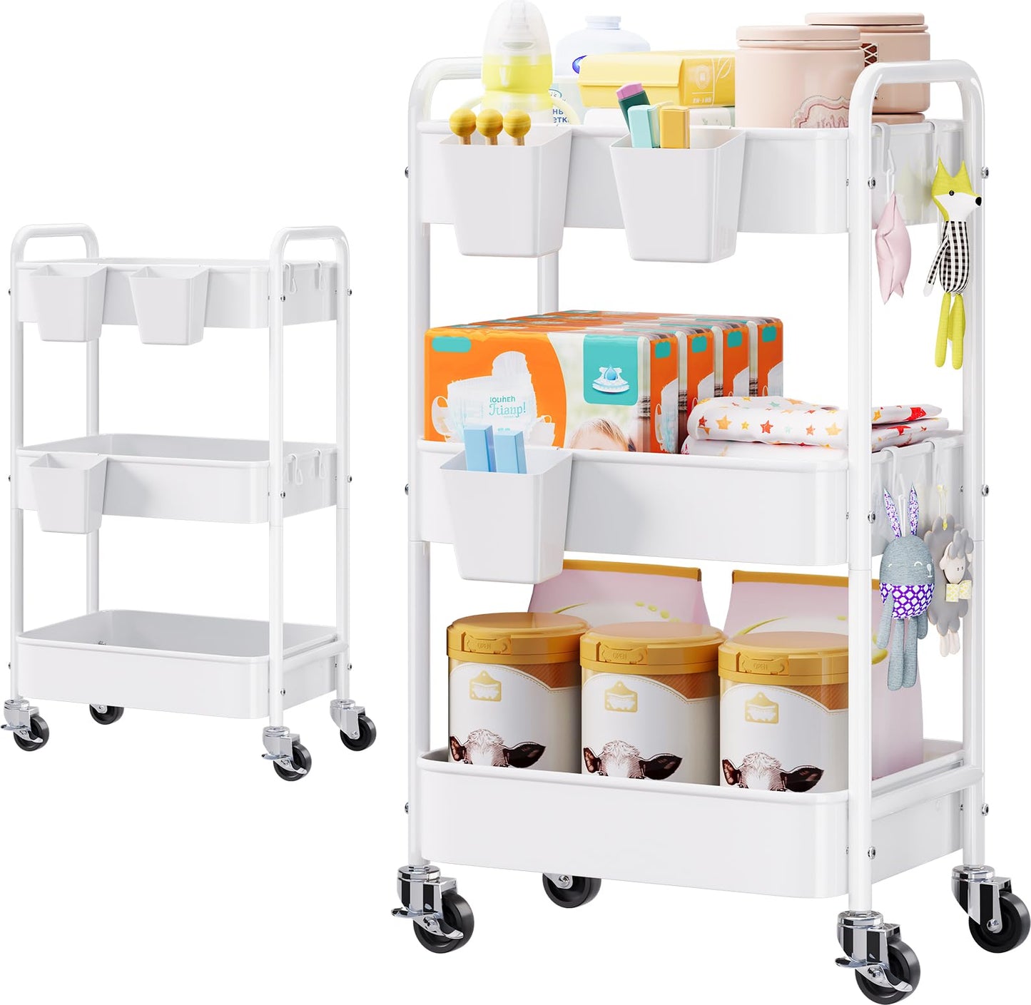 Diaper Cart Organizer with Wheels, 3 Tier Rolling Bedside Cart for Baby Essentials, Baby Organizers and Storage Diaper Caddy Car