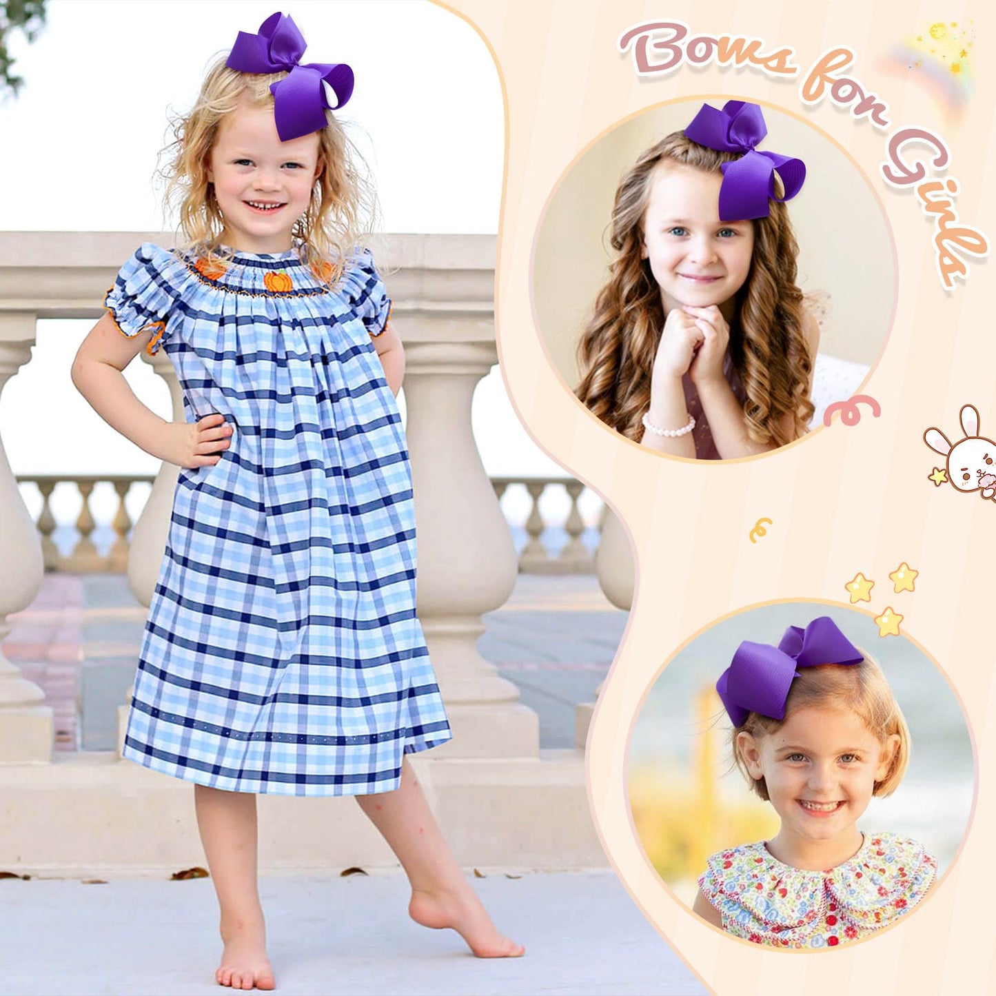 Oaoleer Hair Bows Clips, 2Pcs 6Inch Purple Layered Grosgrain Ribbon Bows Hair Alligator Clips For Baby Girls Infants Toddlers Ki