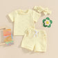 Toddler Baby Girls Daisy Chenille Patch Outfit Short Sleeve T-Shirt Shorts Headband 3Pcs Summer Clothes Set (Yellow, 18-24 Month