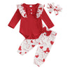 Rtnnsbbfcm Newborn Baby Girl Valentine'S Day Outfit Long Sleeve Ribbed Romper Heart Print Pants Headband 3Pcs Set (Red Heart, 0-
