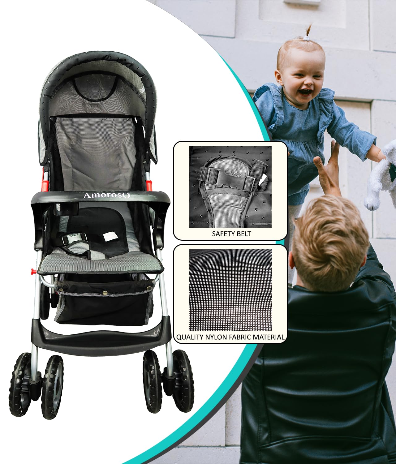Amoroso Single Stroller - Baby Stroller With Four Wheels - Lightweight Stroller - Convertible Stroller With Extra Storage Space