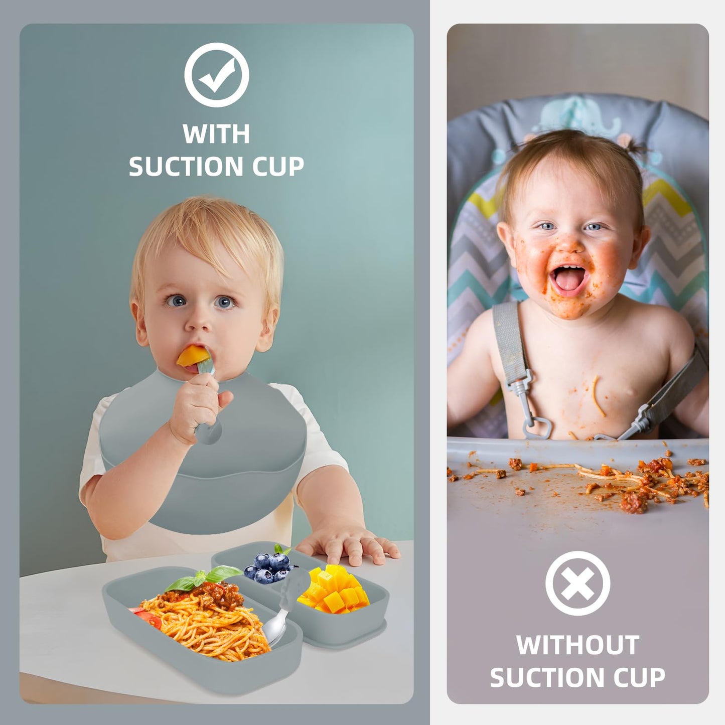 Travel Silicone Baby Feeding Set With 316 Stainless Steel Spoon & Fork ,Silicone Suction Plates, Foldable Bib, Storage Bag - Por