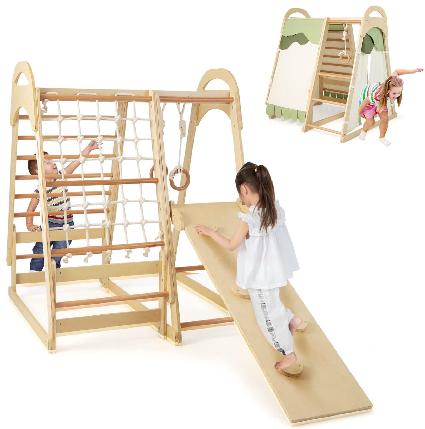 Infans 7 In 1 Kids Indoor Playground, Wooden Montessori Climber Playset With Tent Slide Climbing Rock Climbing Net, Playground J
