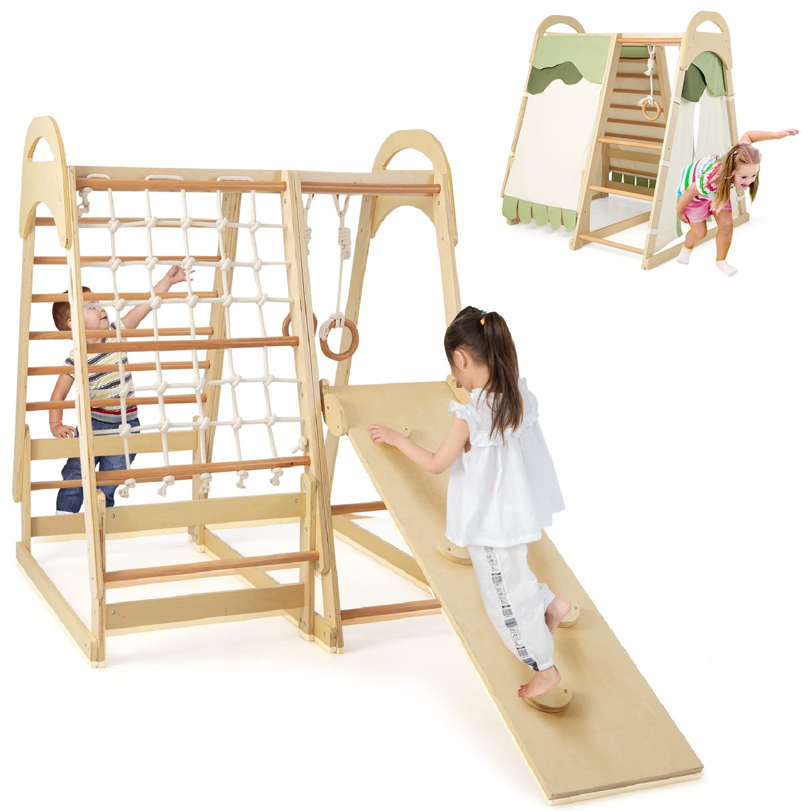 Infans 7 In 1 Kids Indoor Playground, Wooden Montessori Climber Playset With Tent Slide Climbing Rock Climbing Net, Playground J