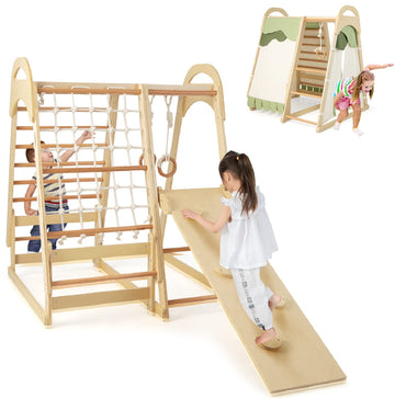 Infans 7 In 1 Kids Indoor Playground, Wooden Montessori Climber Playset With Tent Slide Climbing Rock Climbing Net, Playground J