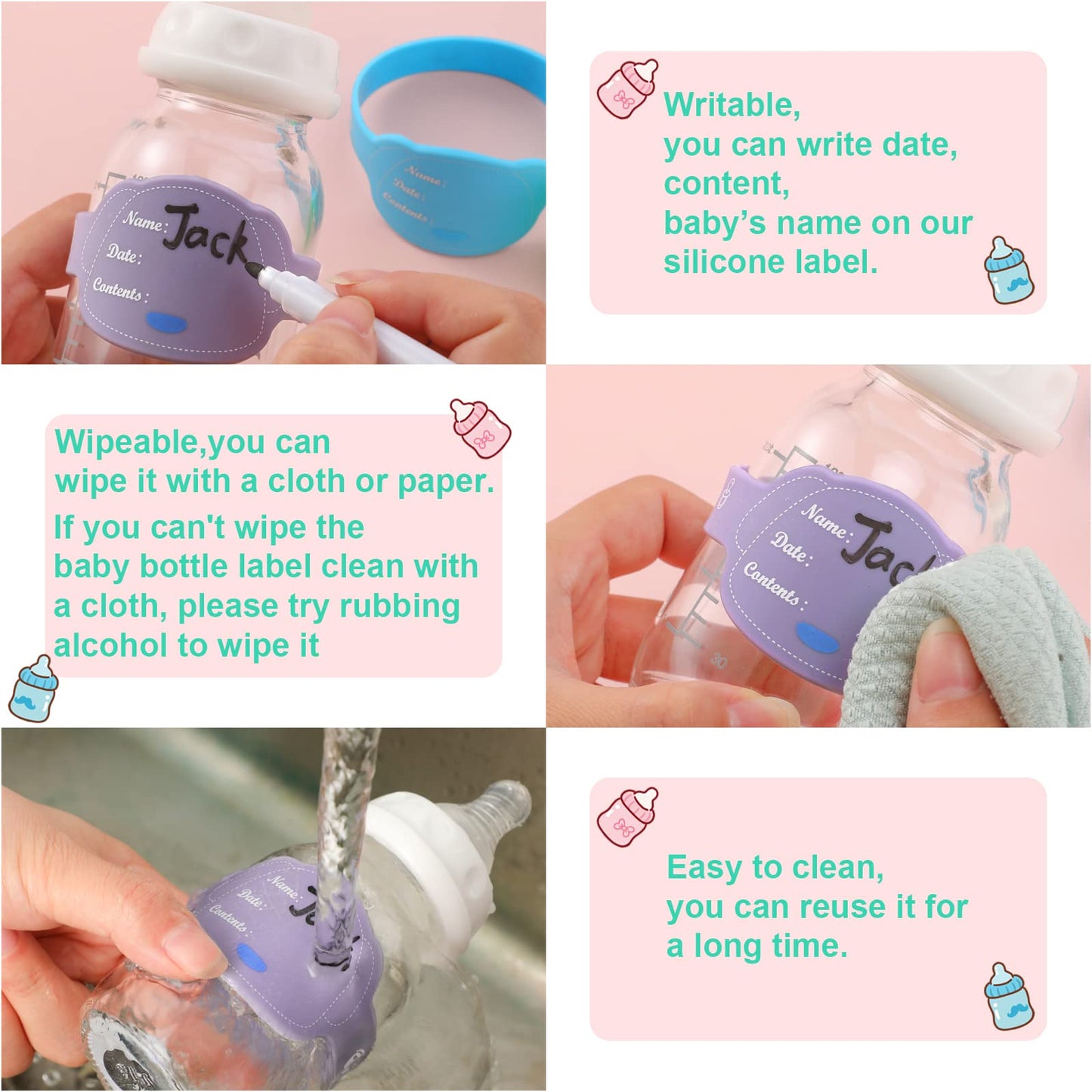 Eersida 12 Pcs Baby Bottle Name Labels For Daycare Pack, Silicone Daycare Essentials Reusable Bottle Labels Waterproof Bands In