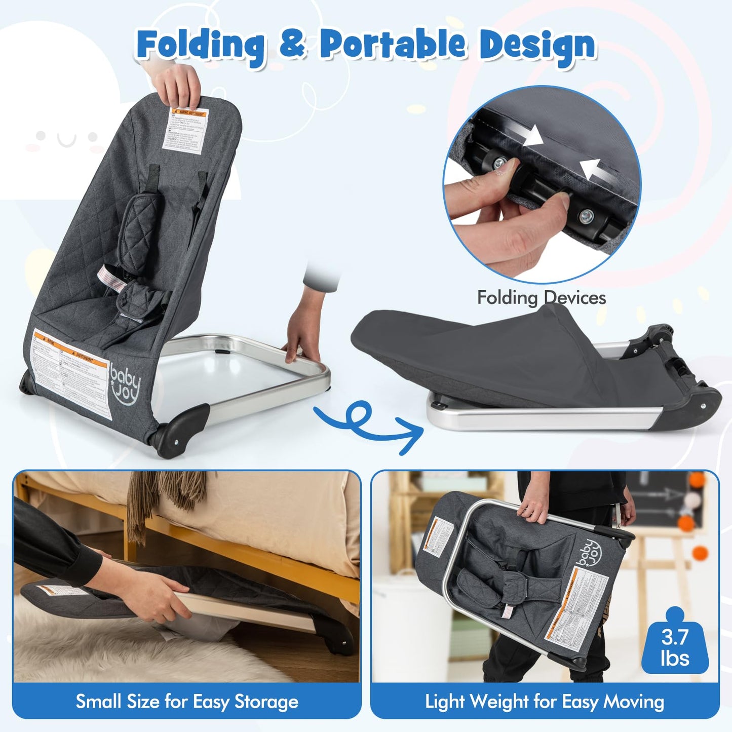 Baby Joy Baby Bouncer, Foldable Bouncer & Stationary Seat With 5-Point Safety Harness, Removable Fabric Cover, Portable Infant B