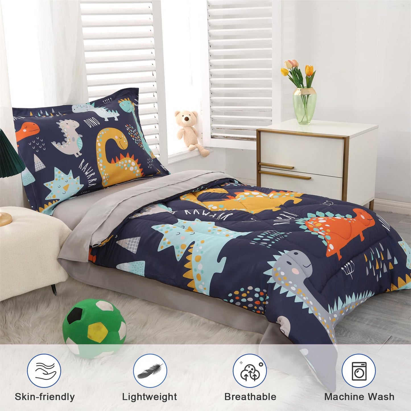 Wowelife Toddler Bedding Sets For Boys, Premium 4 Piece Dinosaur Toddler Comforter Set, Blue Grey Toddler Bed Set, Super Soft An