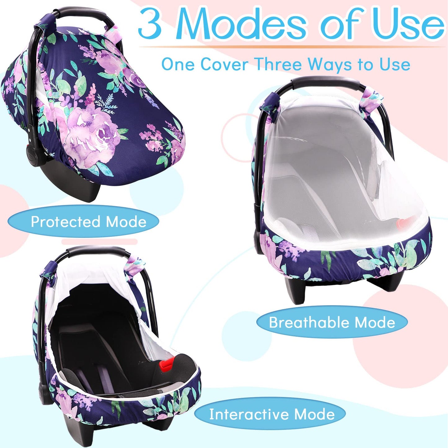Baby Car Seat Cover, Purple Flower, Infant Carseat Canopy Girls, Summer Cozy Net Cover, Breathable Comfortable, Watercolor Flora