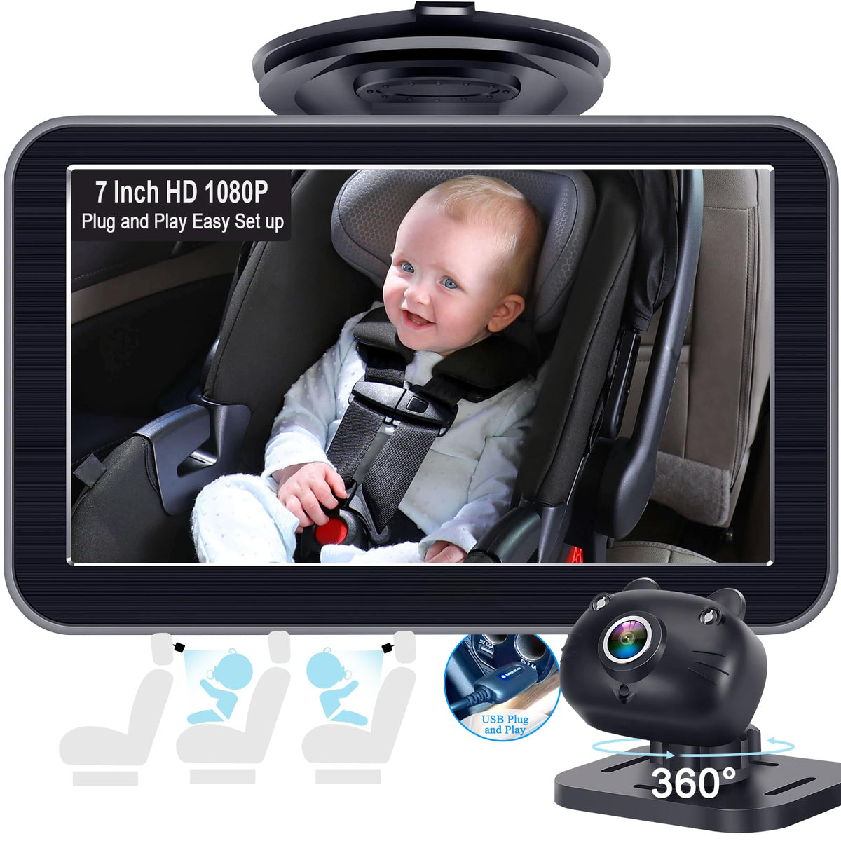 DoHonest Baby Car Camera 7-Inch: USB Plug-Play Easy Setup, 150° View