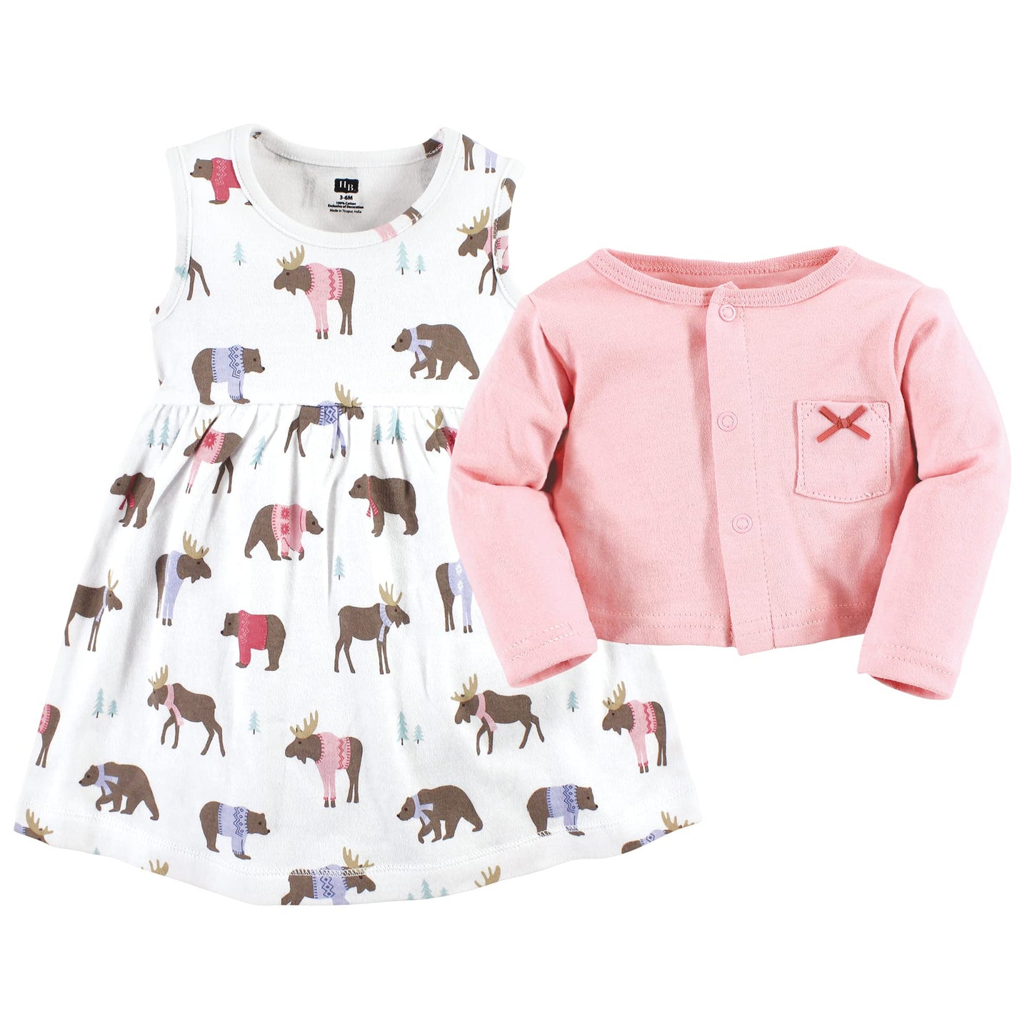 Hudson Baby Baby Girls' Cotton Dress And Cardigan Set, Pink Moose Bear, 9-12 Months
