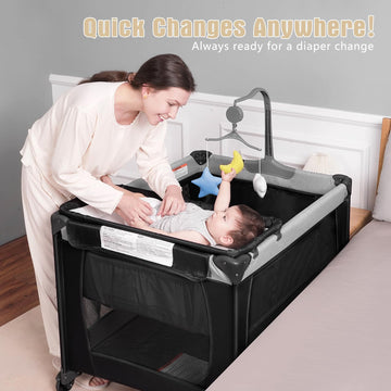 Portable Play And Pack Travel Crib With Changing Table, Breathable Mesh & Carry Bag - Multi-Functional Baby Playpen For 0-36 Mon