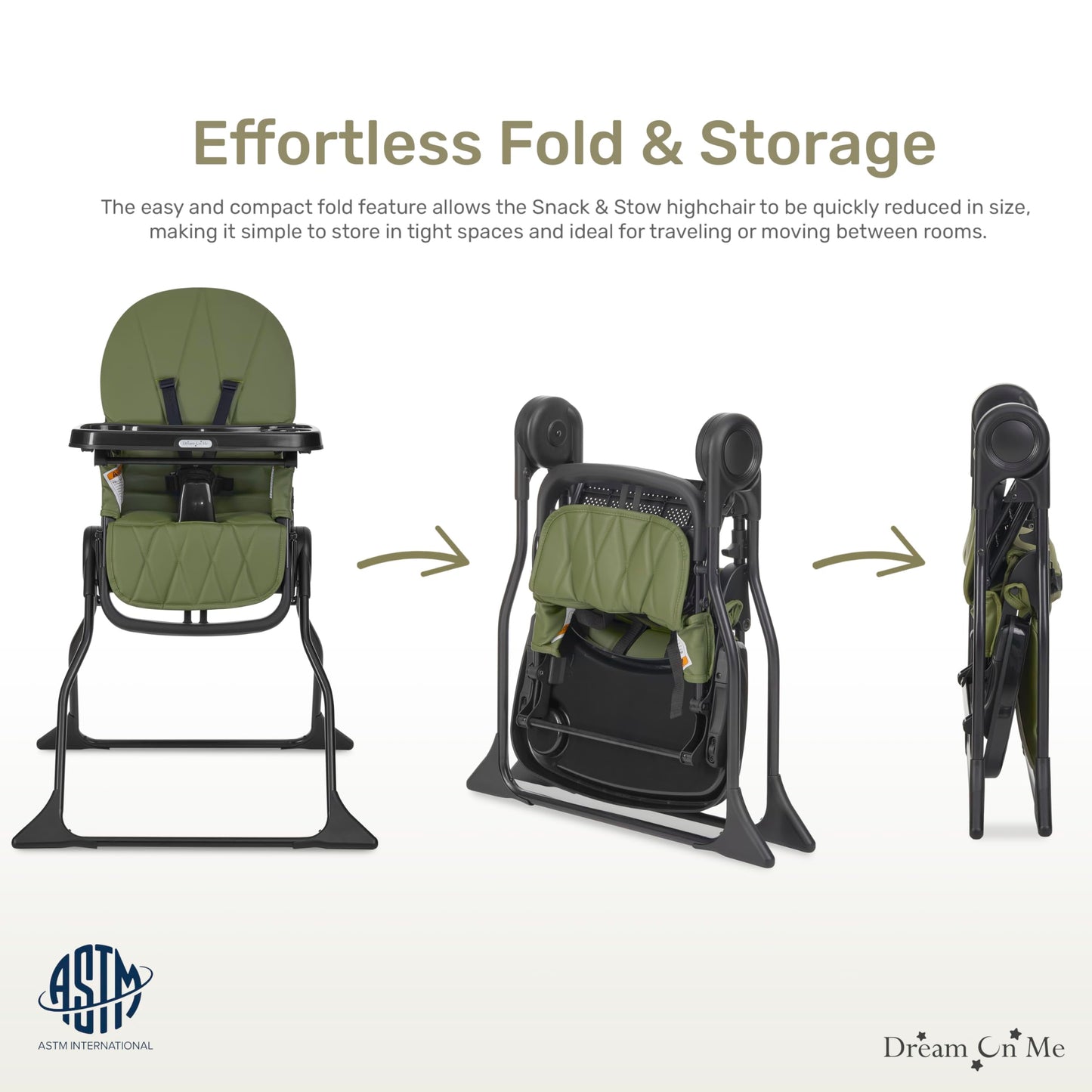 Dream On Me Snack and Stow Baby High Chair in Olive - Easy to Fold and Store, Portable Travel Chair With Removable and Three Pos
