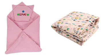 CTMKIDS Baby Wrap with Cap for Kids 74x74 cm  Pink & Single Baby Wrap with Cap for Kids 74x74 cm  Blue